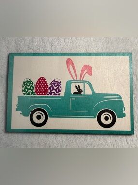 Turquoise Vintage Truck Easter Wall Art Decor with Bunny